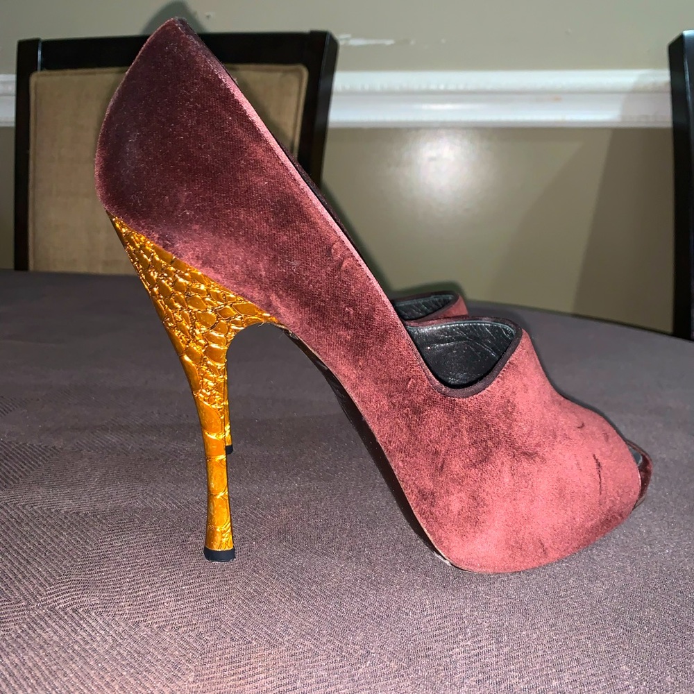Donna Karan Collection burgundy velvet heels